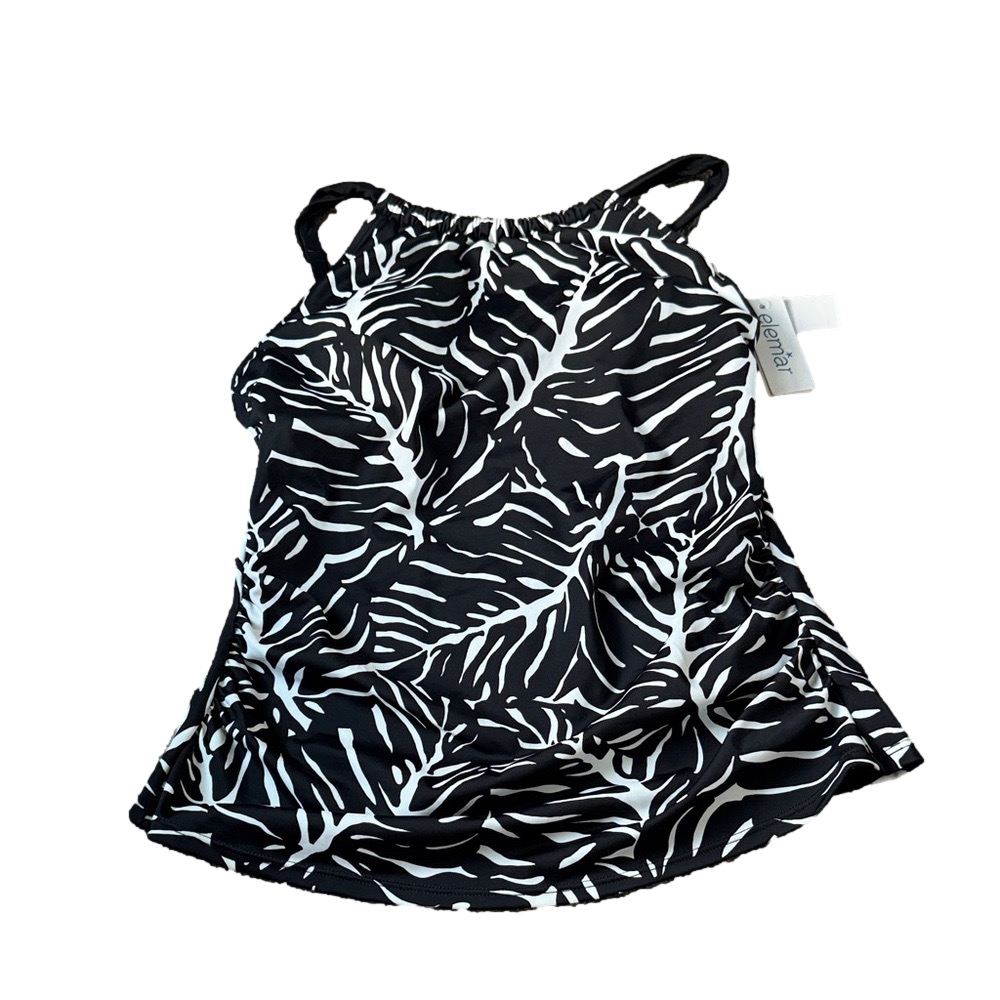 Elemar Black White Tropical Leaf Tankini Top Flounce Swimwear SIZE 10